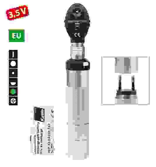 01.25361.811 Офтальмоскоп EUROLIGHT E36 XHL 3,5В (6 апертур, рукоять с регулировкой яркости, крепление головки "Клик" + аккумулятор 3,5В). Подзаряжается от обычной розетки (зарядное устройство не требуется), KaWe